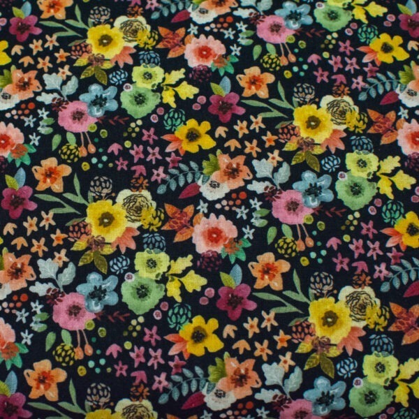 Kolorowe kwiaty na granacie - tkanina bawełniana