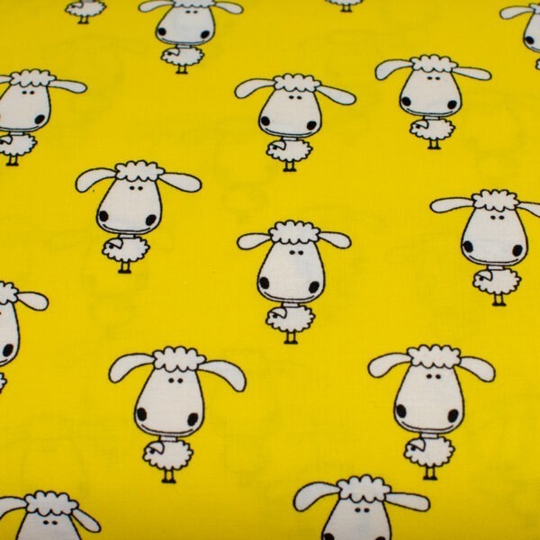 Owieczki na żółtym - tkanina bawełniana