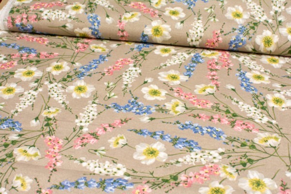 Kolorowe kwiaty dzwonki na beżu - tkanina bawełniano-poliestrowa