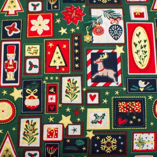 Świąteczny patchwork na zieleni - tkanina bawełniana