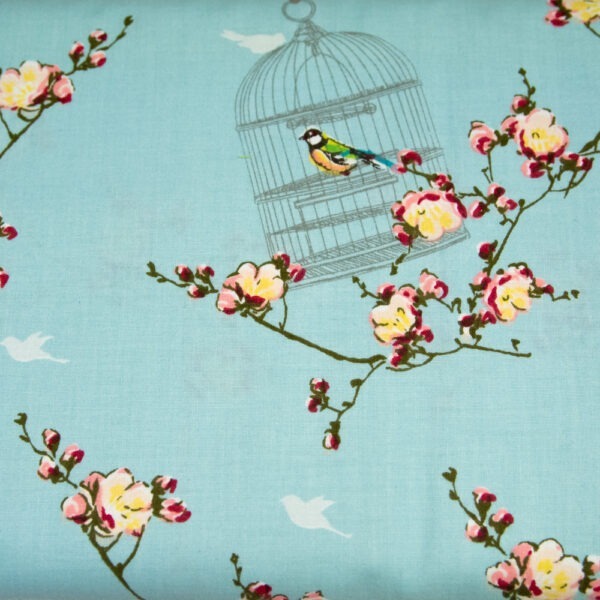 Ptaszki w klatkach turkus - tkanina bawełniana