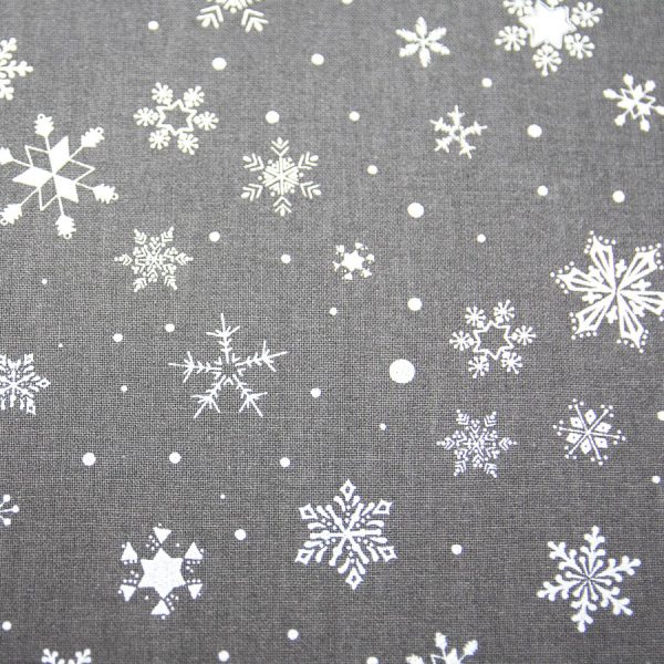 Białe śnieżynki na graficie - tkanina bawełniana