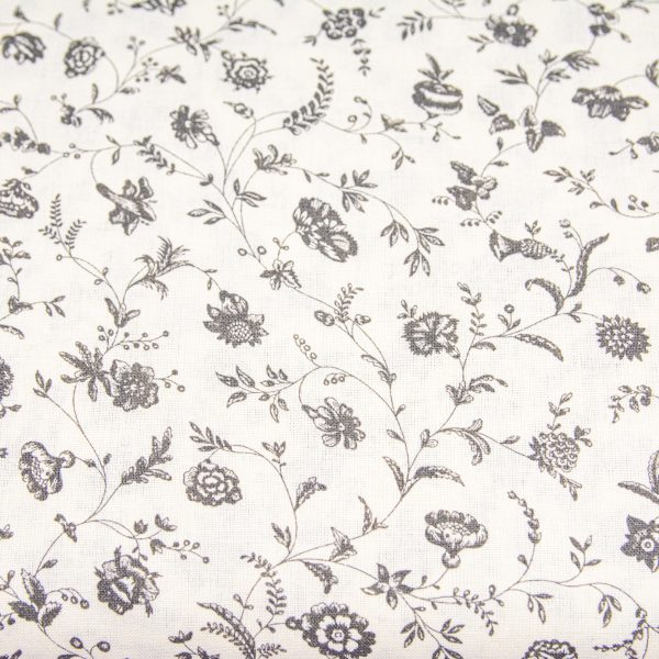 Grafitowe kwiaty na bieli - tkanina bawełniana
