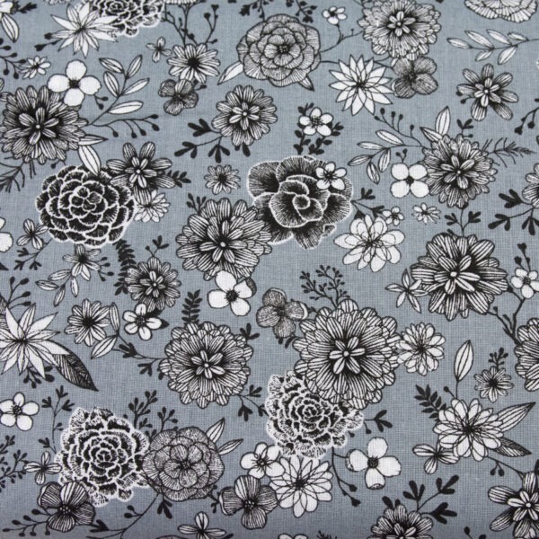 Biało-czarne kwiaty na szarym - tkanina bawełniana