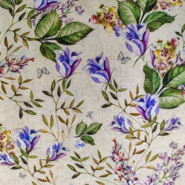 Fioletowy kwiaty-dzwoneczki na beżu - tkanina bawełniana