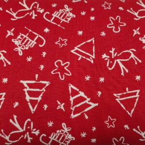 Świąteczne rysunki na czerwieni - tkanina bawełniana