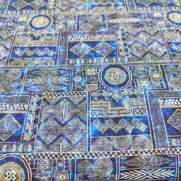 Wzory azteckie etno na niebieskim - tkanina bawełniana