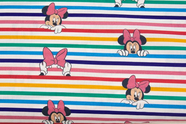 Myszka Minnie w kolorowych paskach – tkanina bawełniana