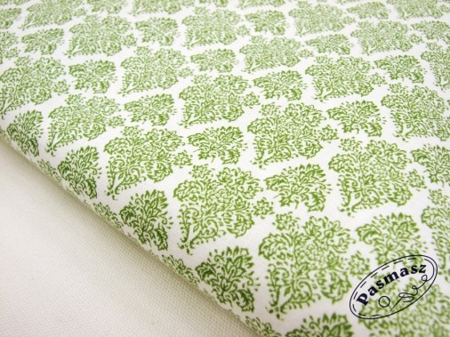 Zielona arabeska na bieli – tkanina bawełniana